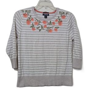 Lands' End 100% Supima Cotton Gray White Striped Sweater Size Large Womens
